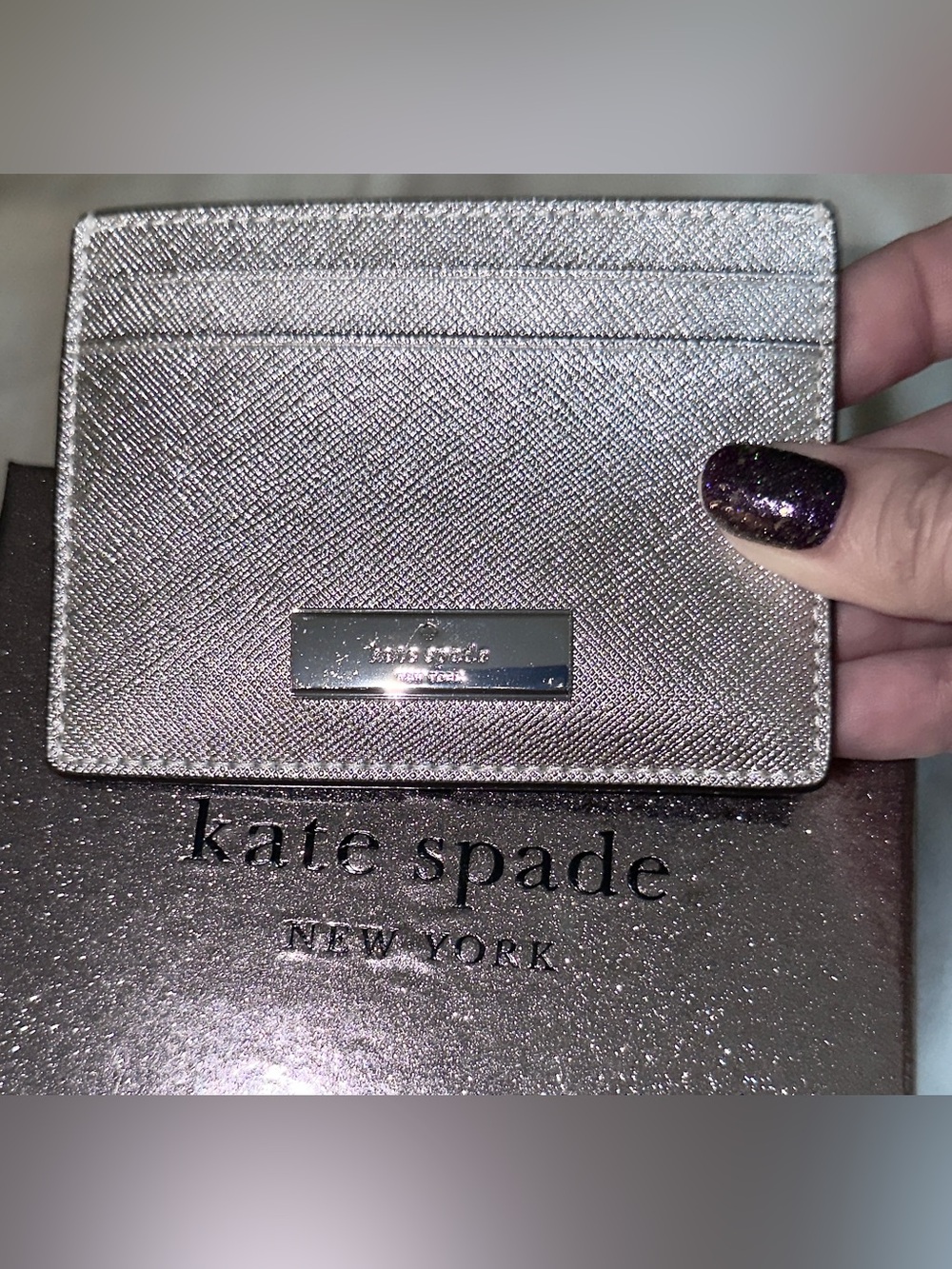 kate spade Metallic Silver Gold Card Case with Logo Plaque